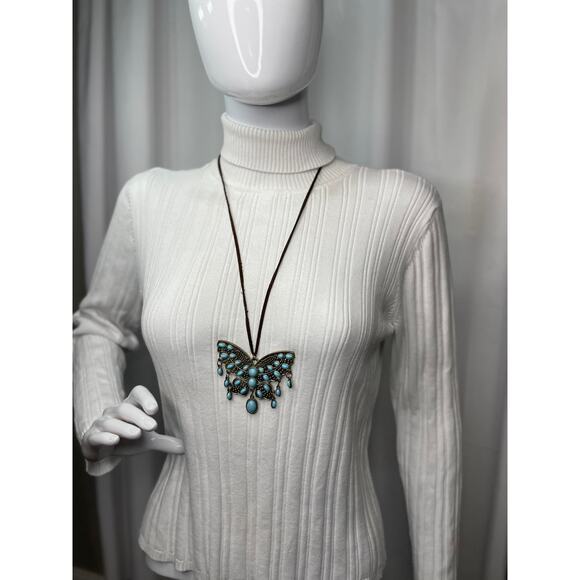 Butterfly necklace turquoise blue silver tone pendant on brown cord suede - Picture 1 of 10